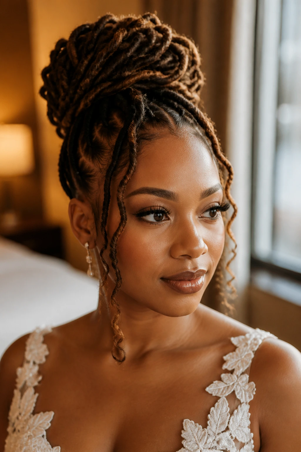 Close-up of a real bride with an airy goddess loc updo
