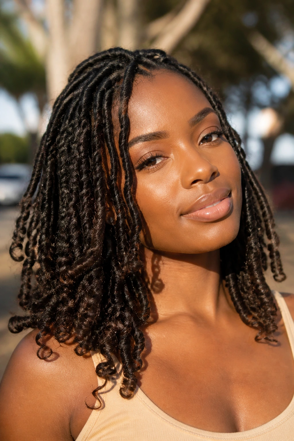 Real person wearing goddess locs with graceful drape