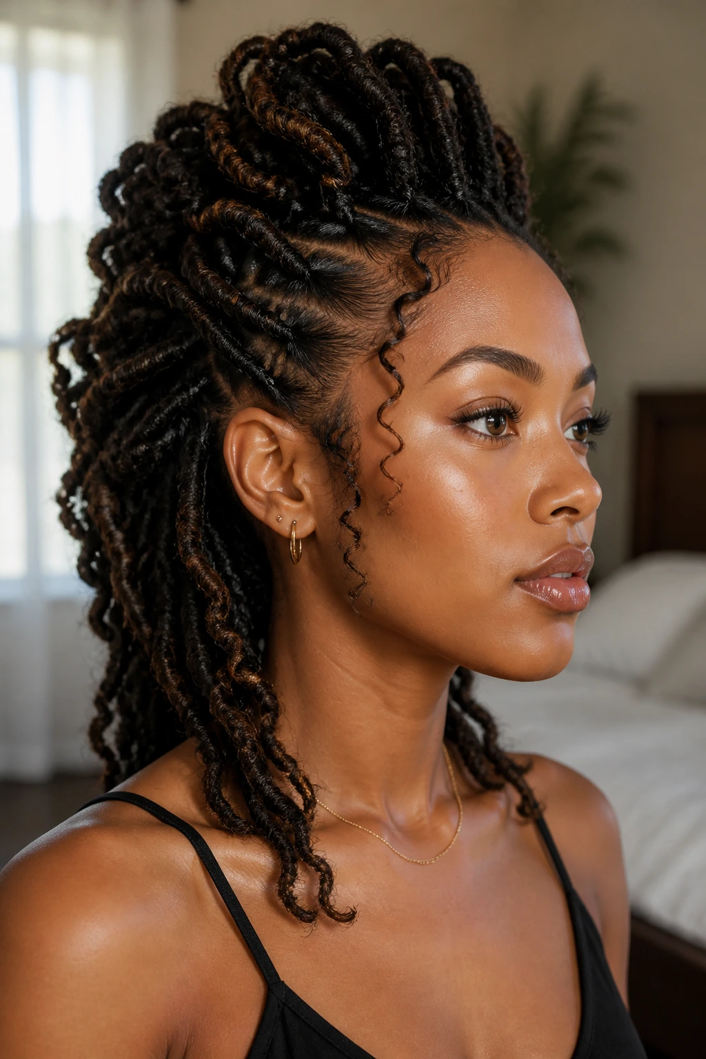 Close-up of a real woman with Boho Faux Hawk Goddess Locs, pinned sides and raised center line.