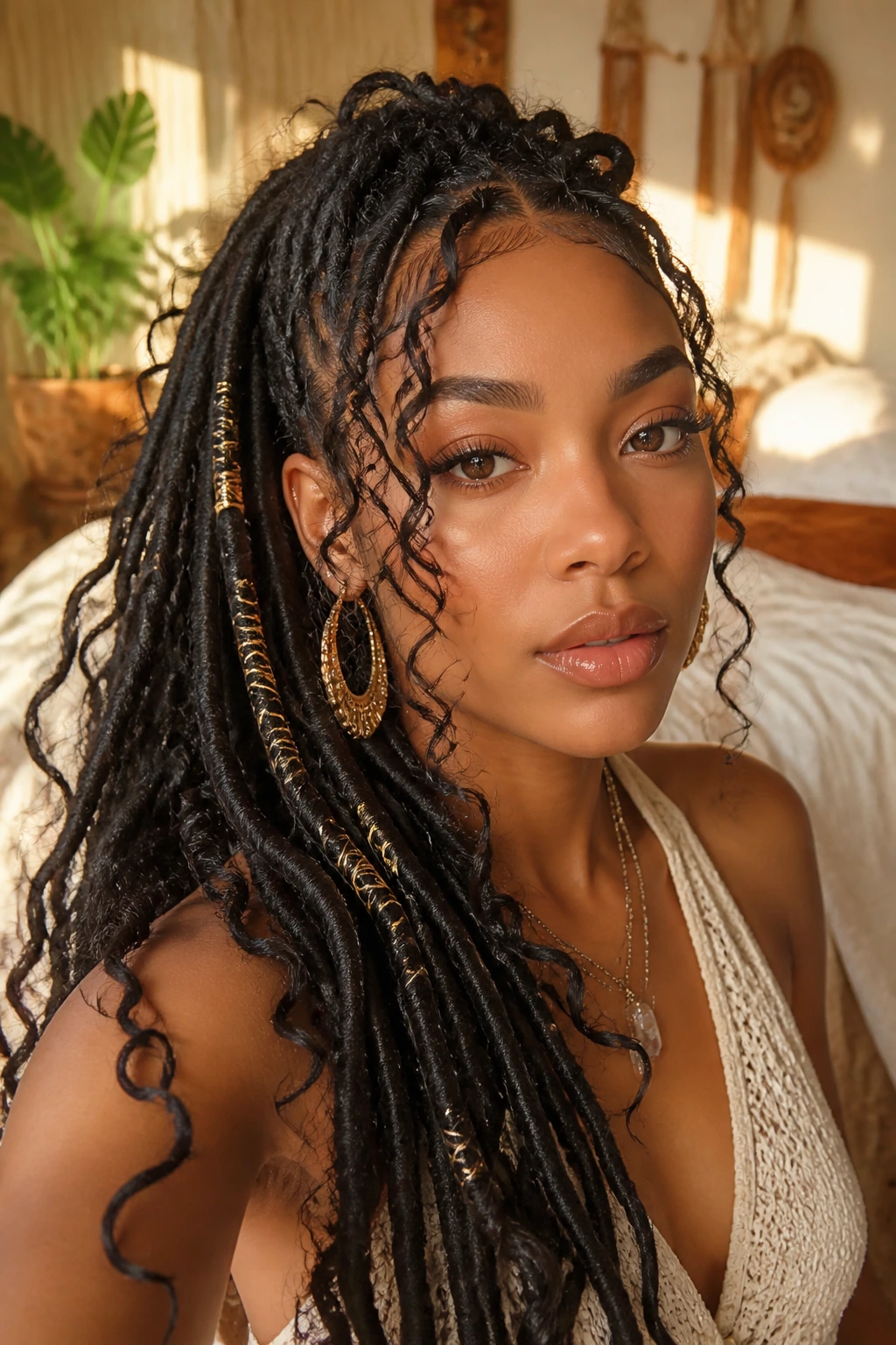 Close-up of a woman with goddess locs showing soft tendrils and wrapped bases in a sunlit boho setting