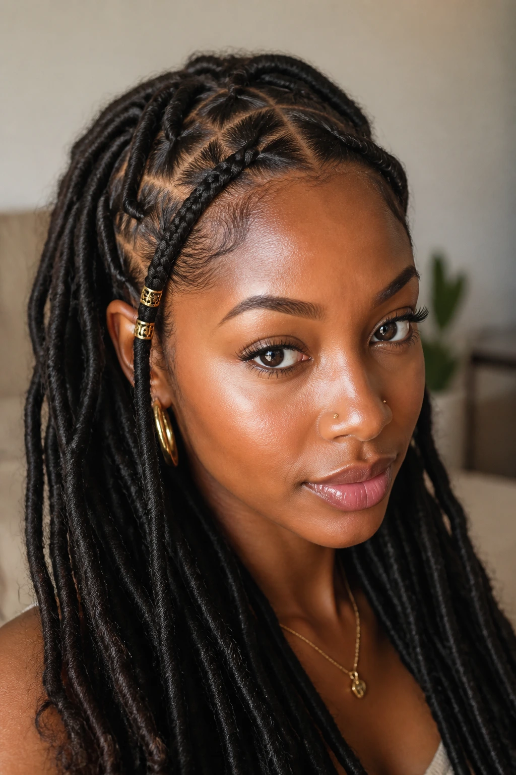 Close-up of a real woman with a slim front braid on goddess locs.