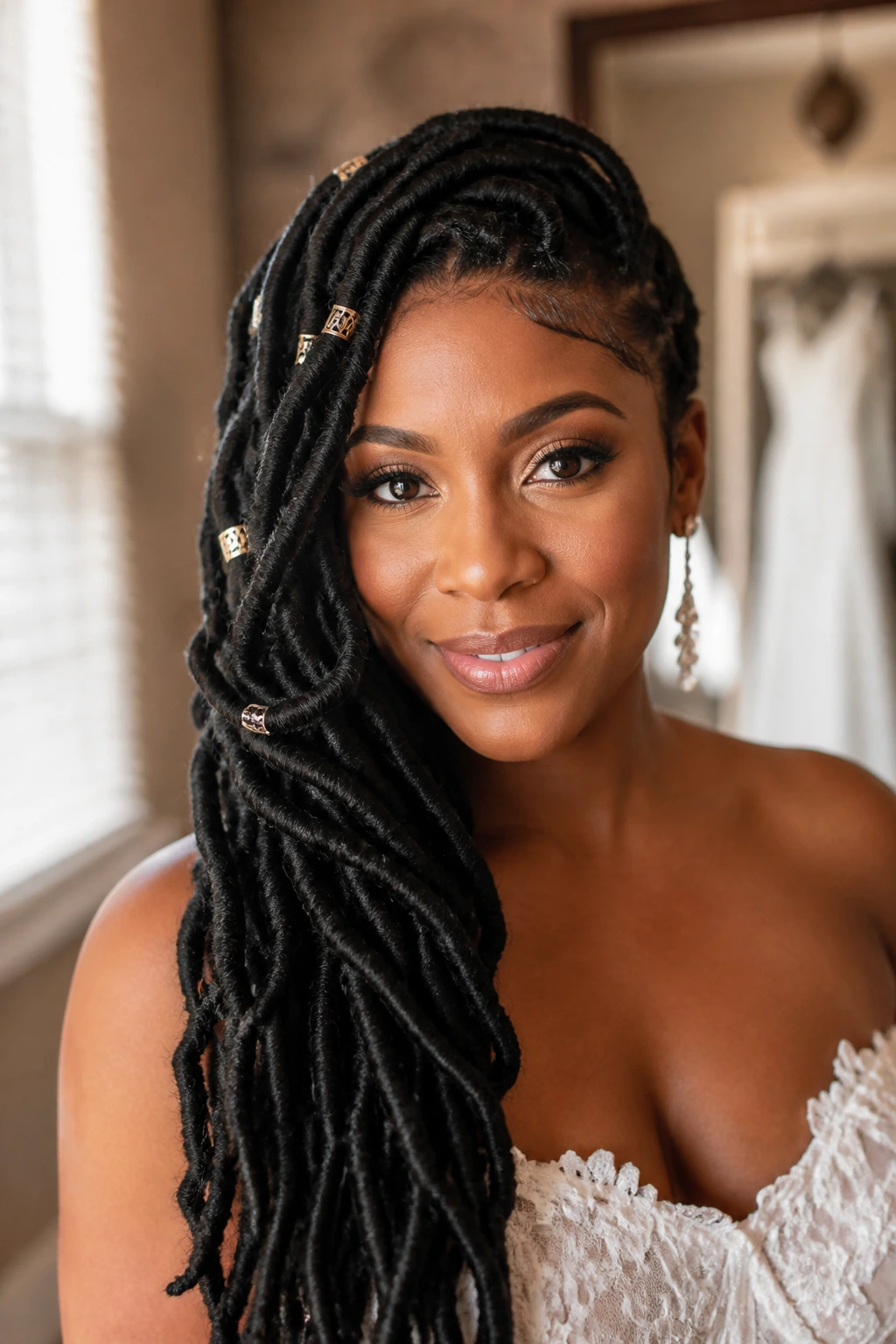 Close-up portrait of a bride with goddess locs swept over one shoulder