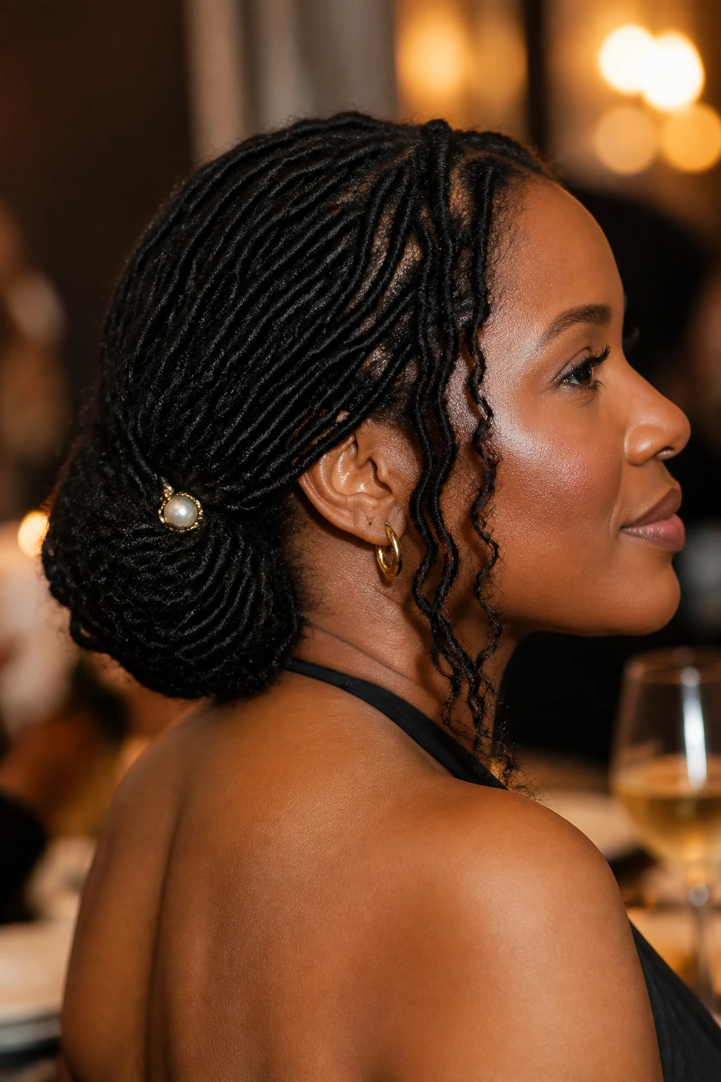 Close-up of a real woman with rolled chignon goddess locs at the nape.