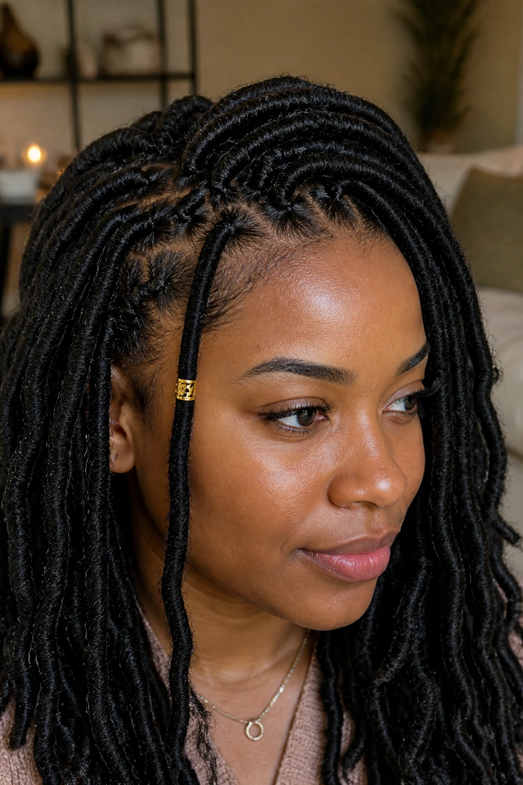 Close-up of goddess locs with a single bead cuff at the front.
