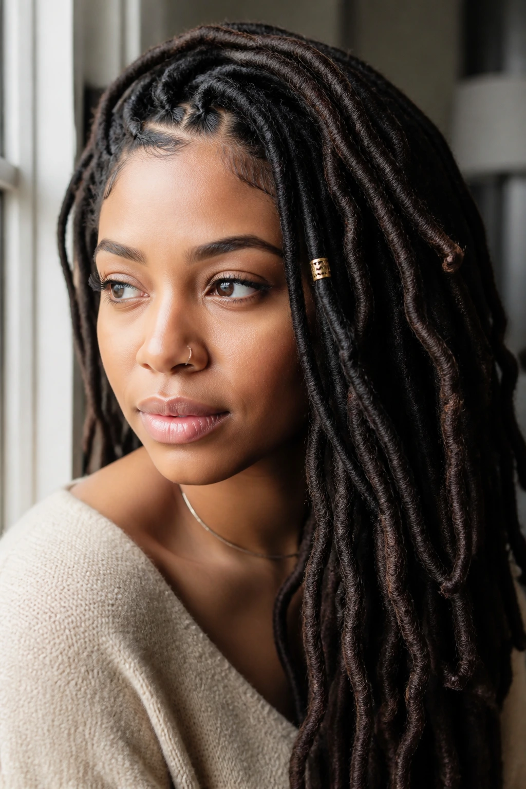 Close-up of goddess locs with a side part and a single cuff.