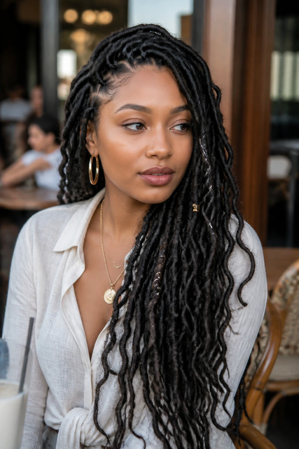 Portrait of a woman with goddess locs styled for daily life, crisp part and smooth roots.