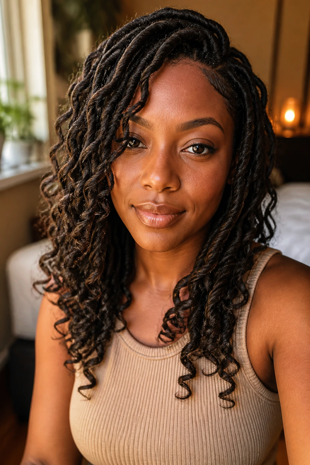 Close-up portrait of a real person wearing goddess locs with loose curly ends