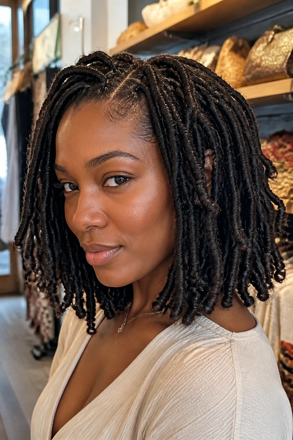 Close-up of a woman with shoulder-length goddess locs in a warm boutique, natural light.