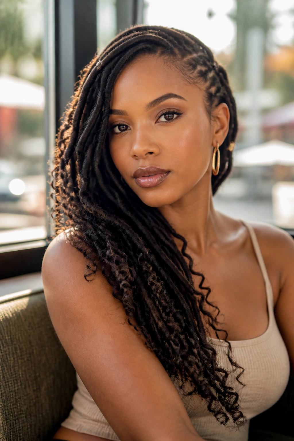 Close-up of a real woman with asymmetrical shoulder sweep goddess locs, diagonal across the collarbone.