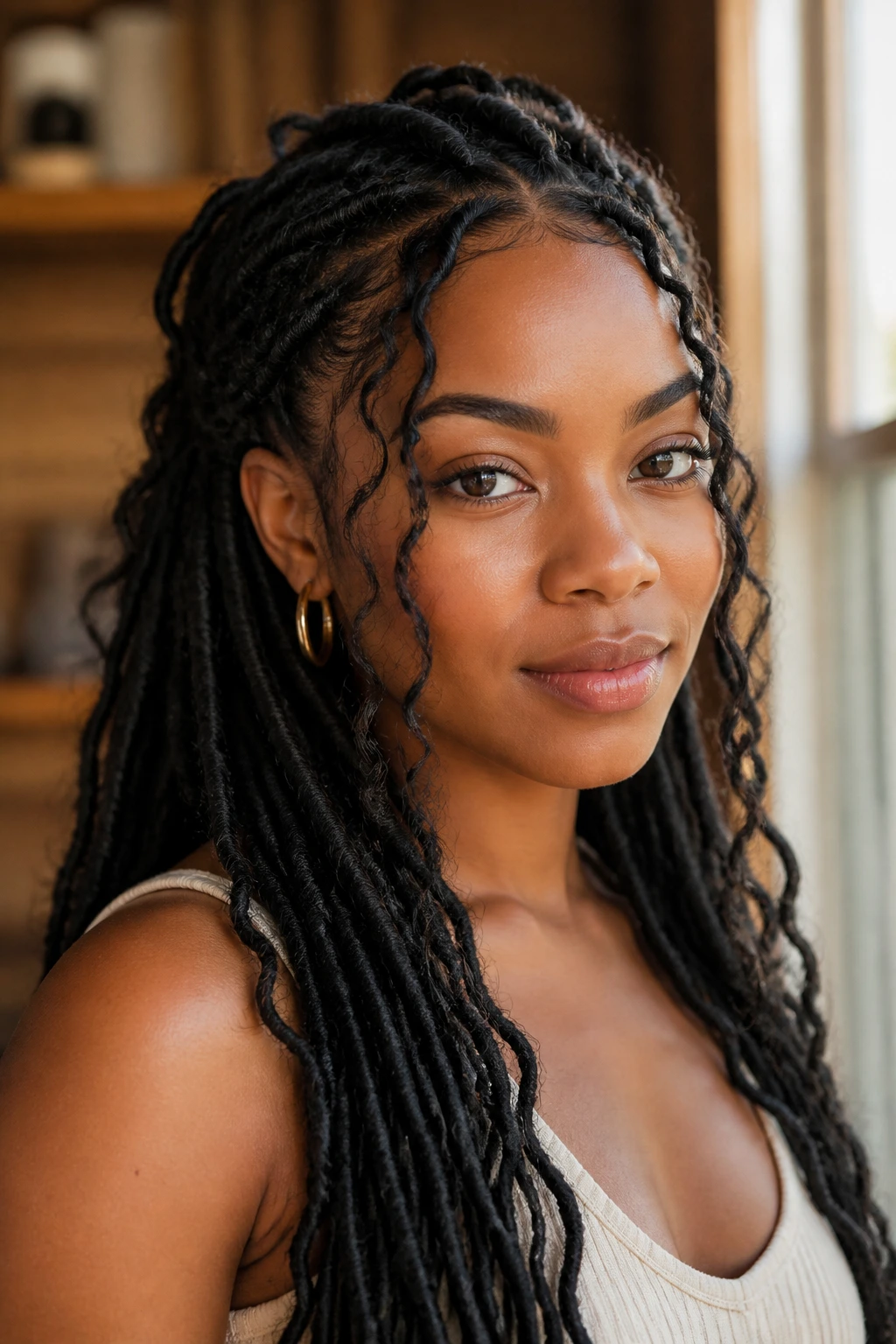 Real woman with goddess faux locs and soft tendrils framing face