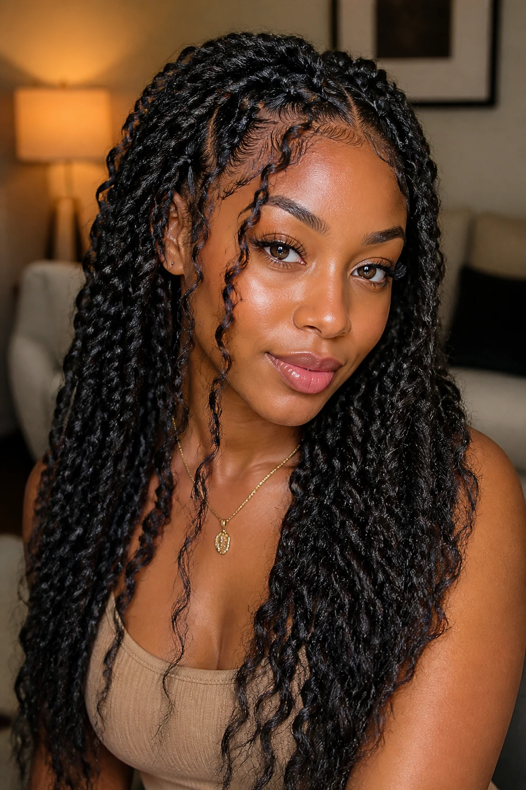 Real woman with goddess Marley twists and face-framing strands
