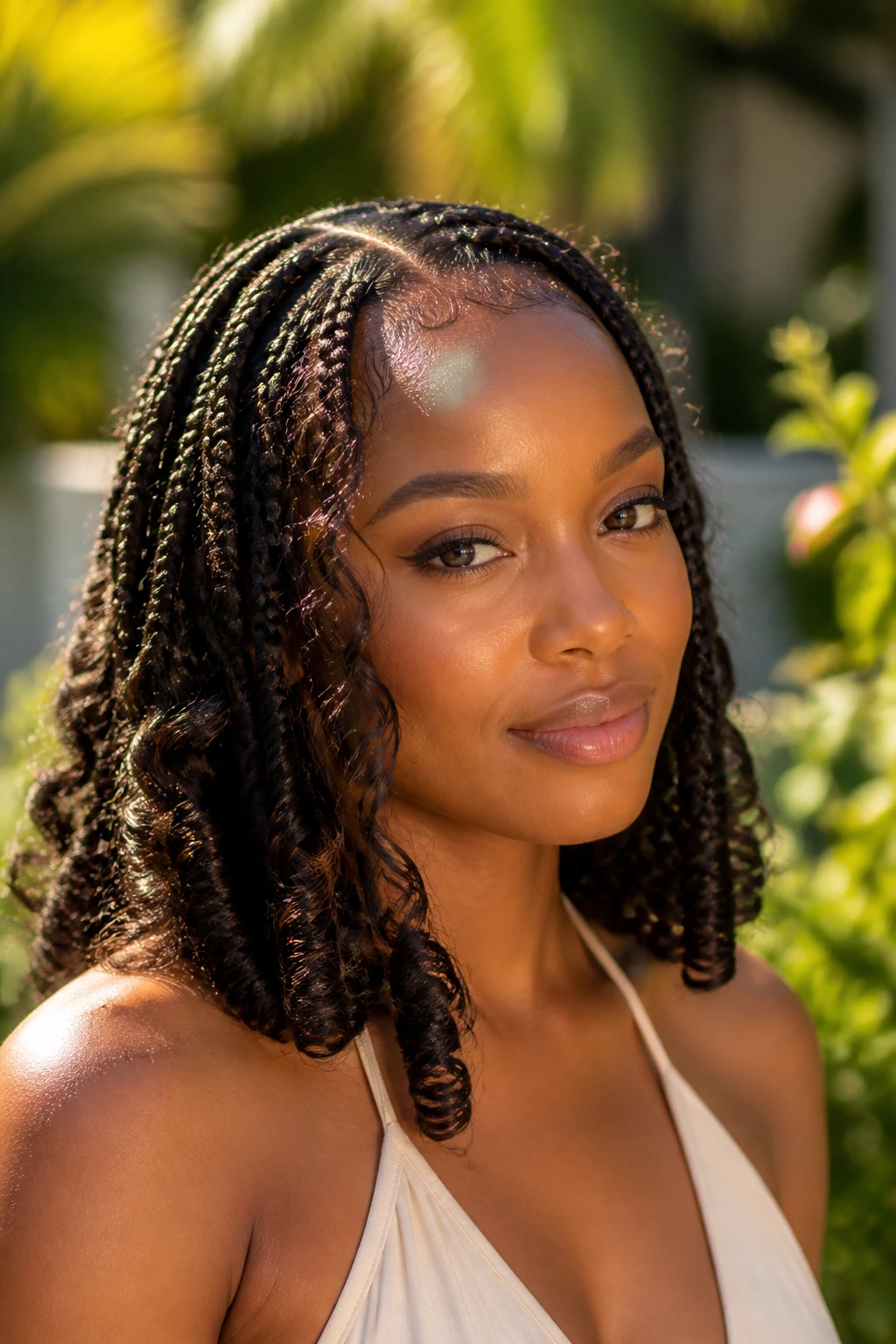 Close-up of goddess-style mix-in braids with curls around the front