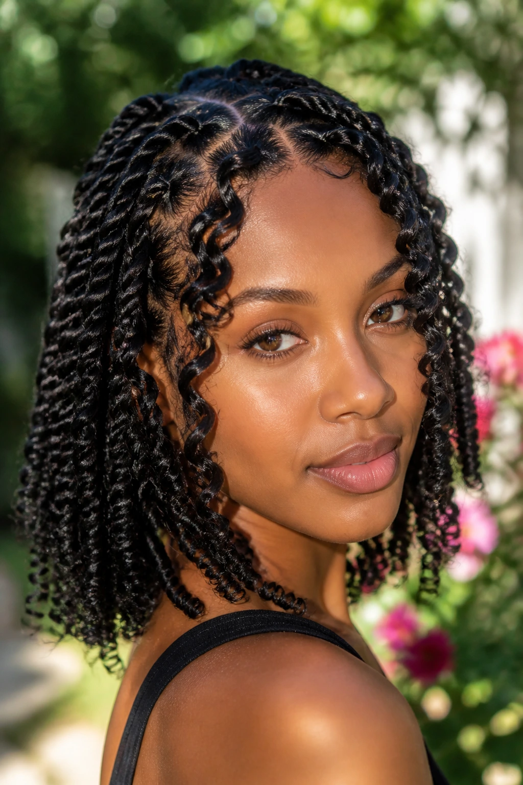 Close-up of a real woman with goddess twists and curly pieces framing her face in garden light