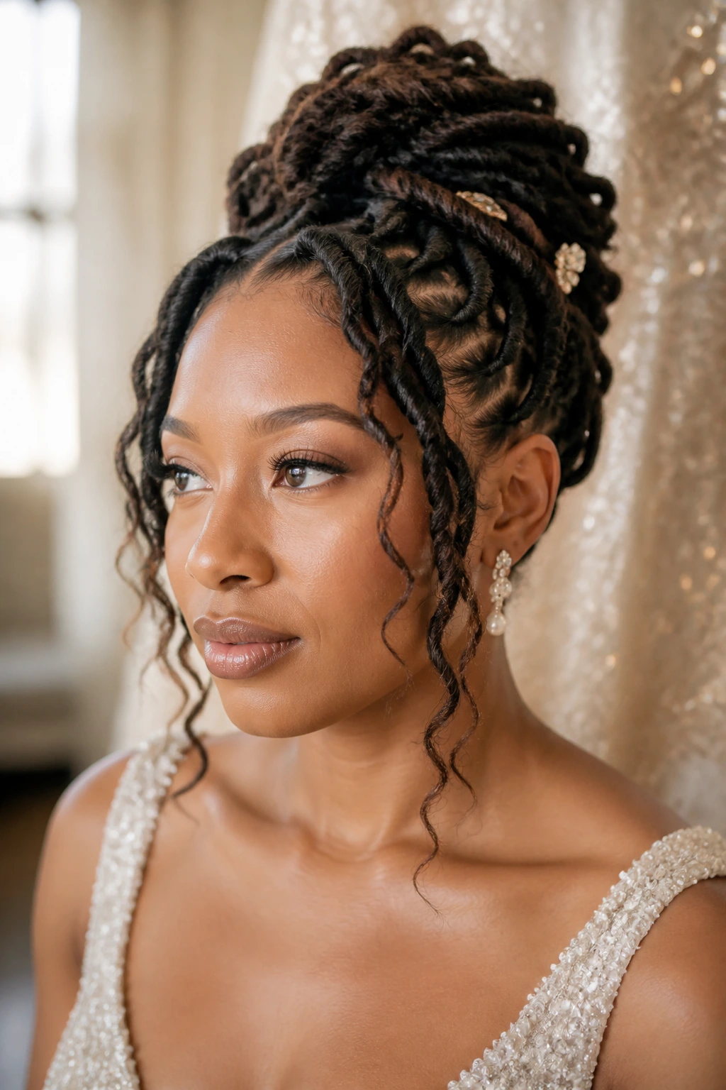 Bride with goddess updo and soft front pieces framing the face