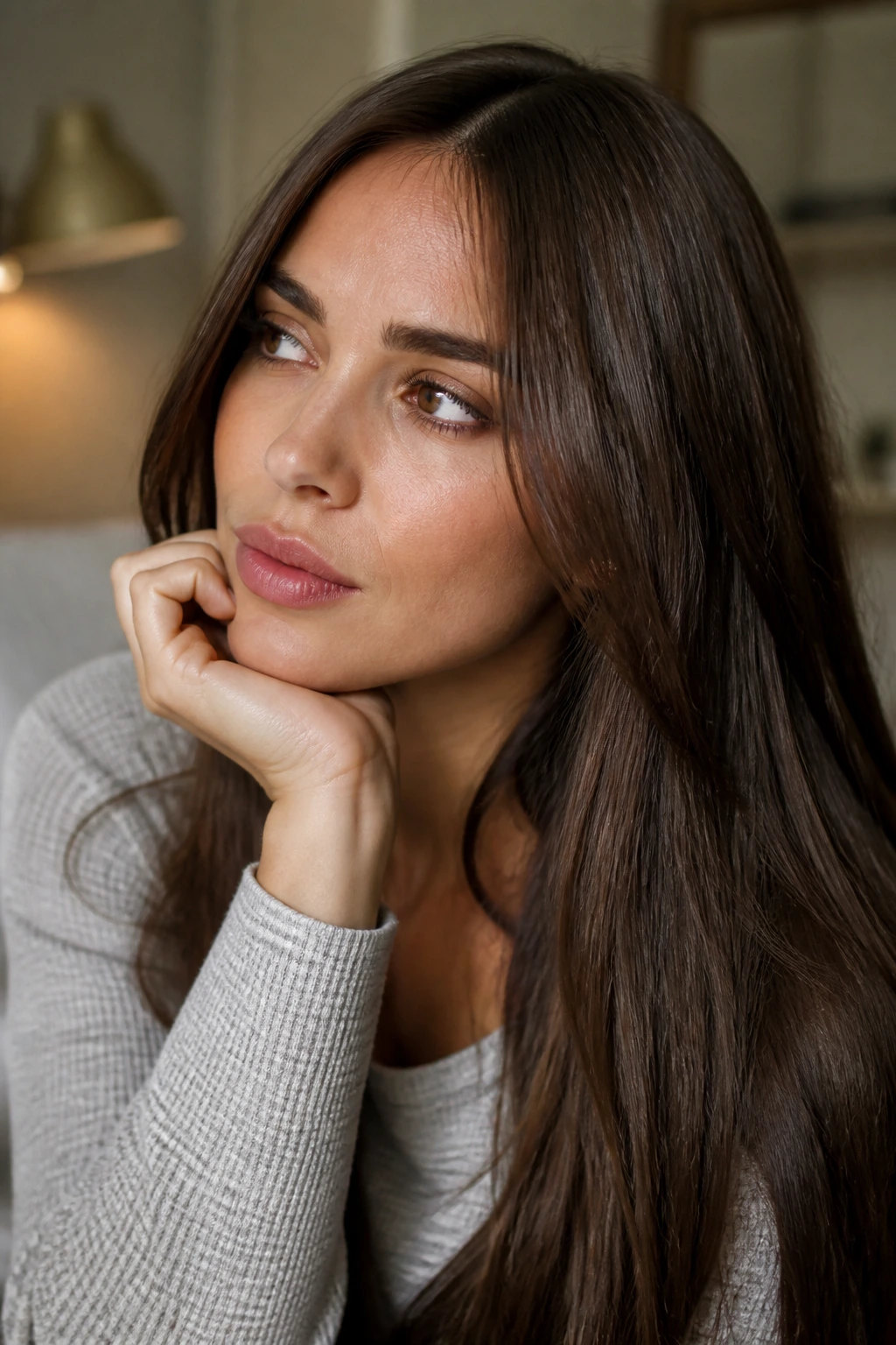 Thoughtful portrait of a woman with brown hair asking about going brown