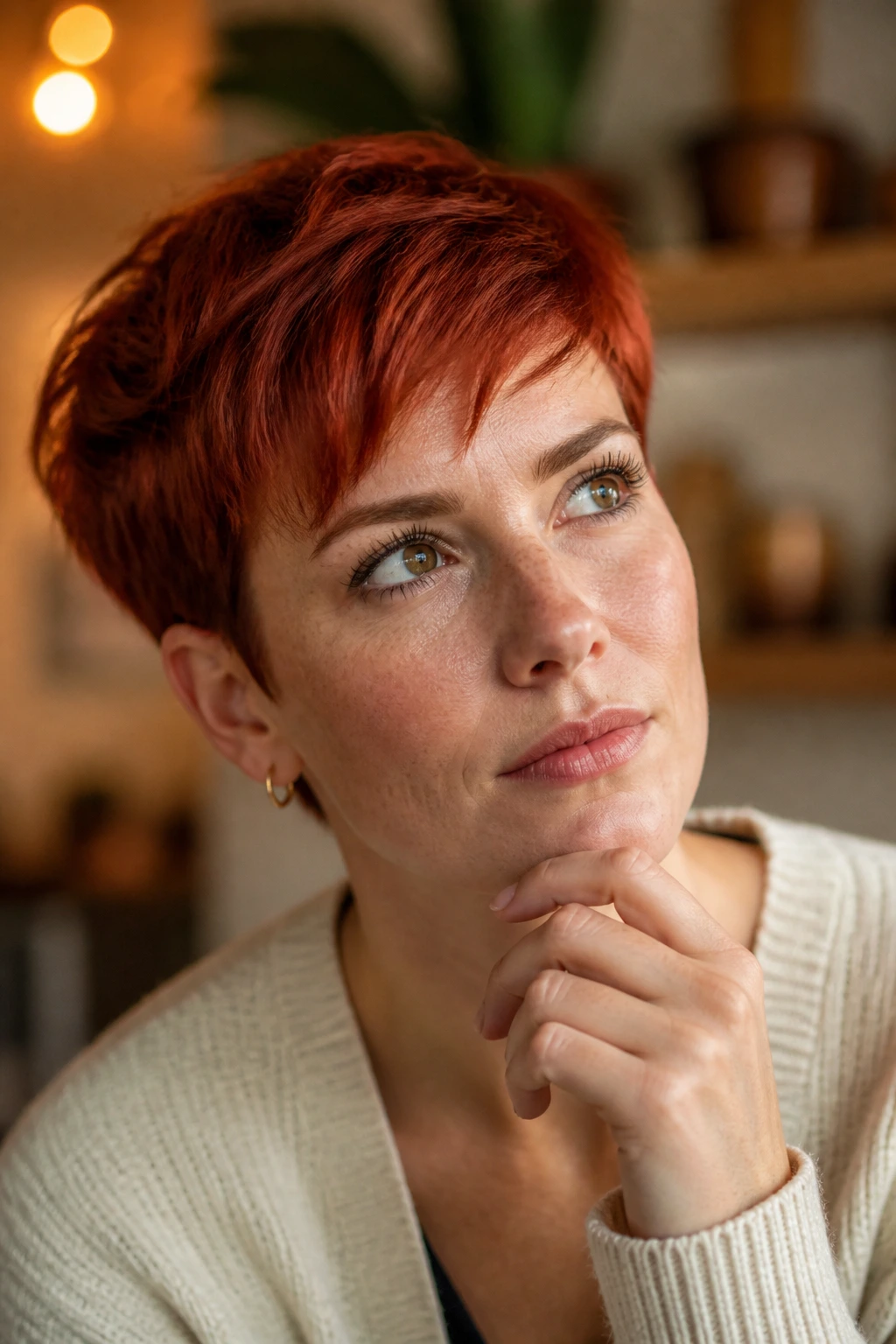 Thoughtful portrait of a woman considering going red on short hair in a cozy room.