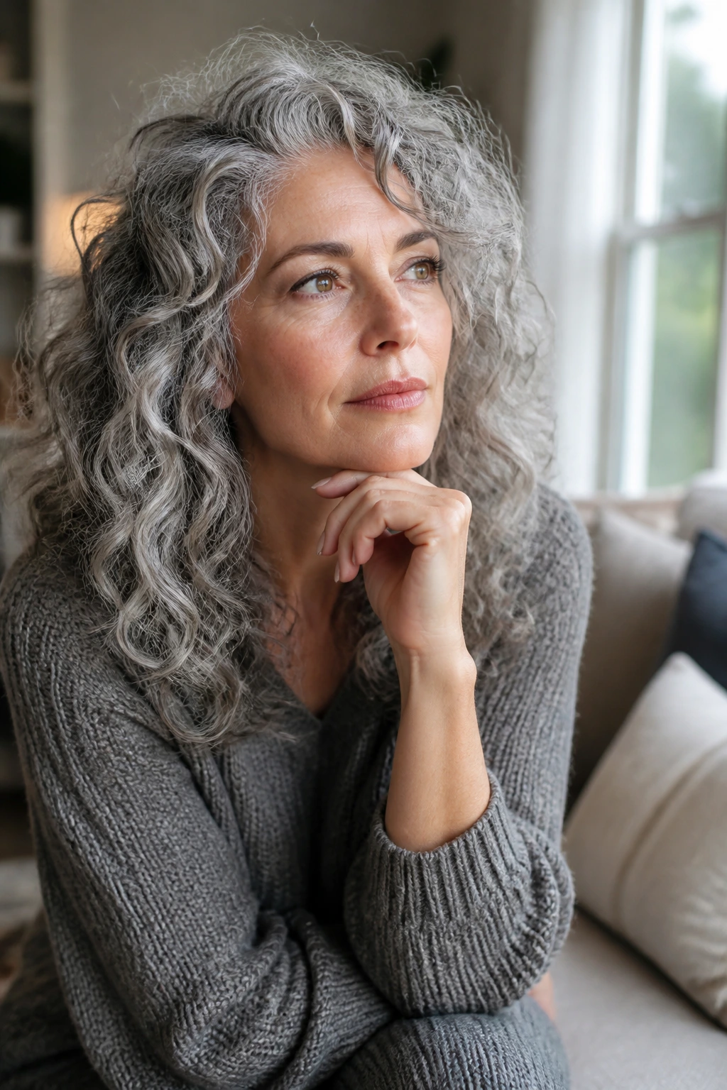 Medium close-up of a thoughtful person with silver curls in a living room
