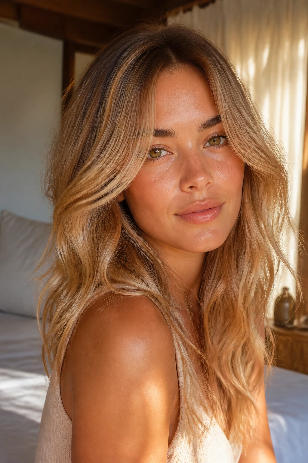 Close-up portrait of warm-skinned woman with beige-gold honey blonde hair in natural light