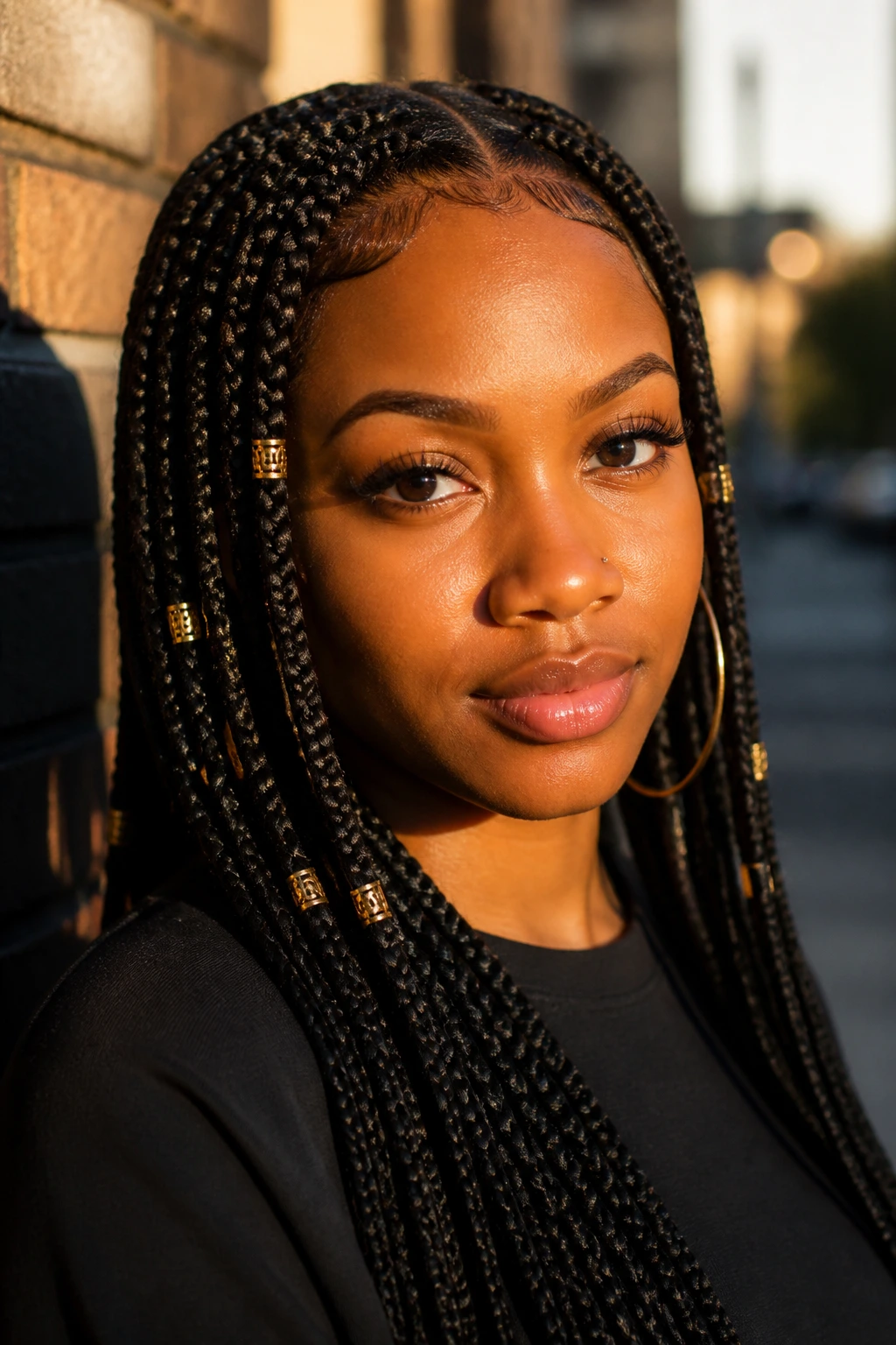 Close-up of a real woman with gold cuffs on front box braids