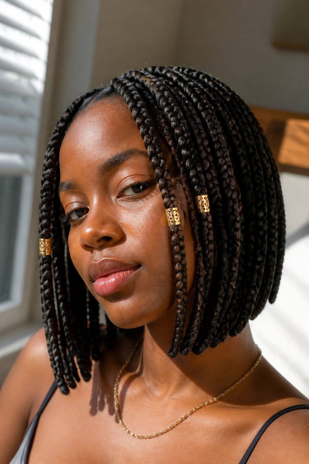 Close-up of a woman with gold-cuffed bob box braids in warm window light