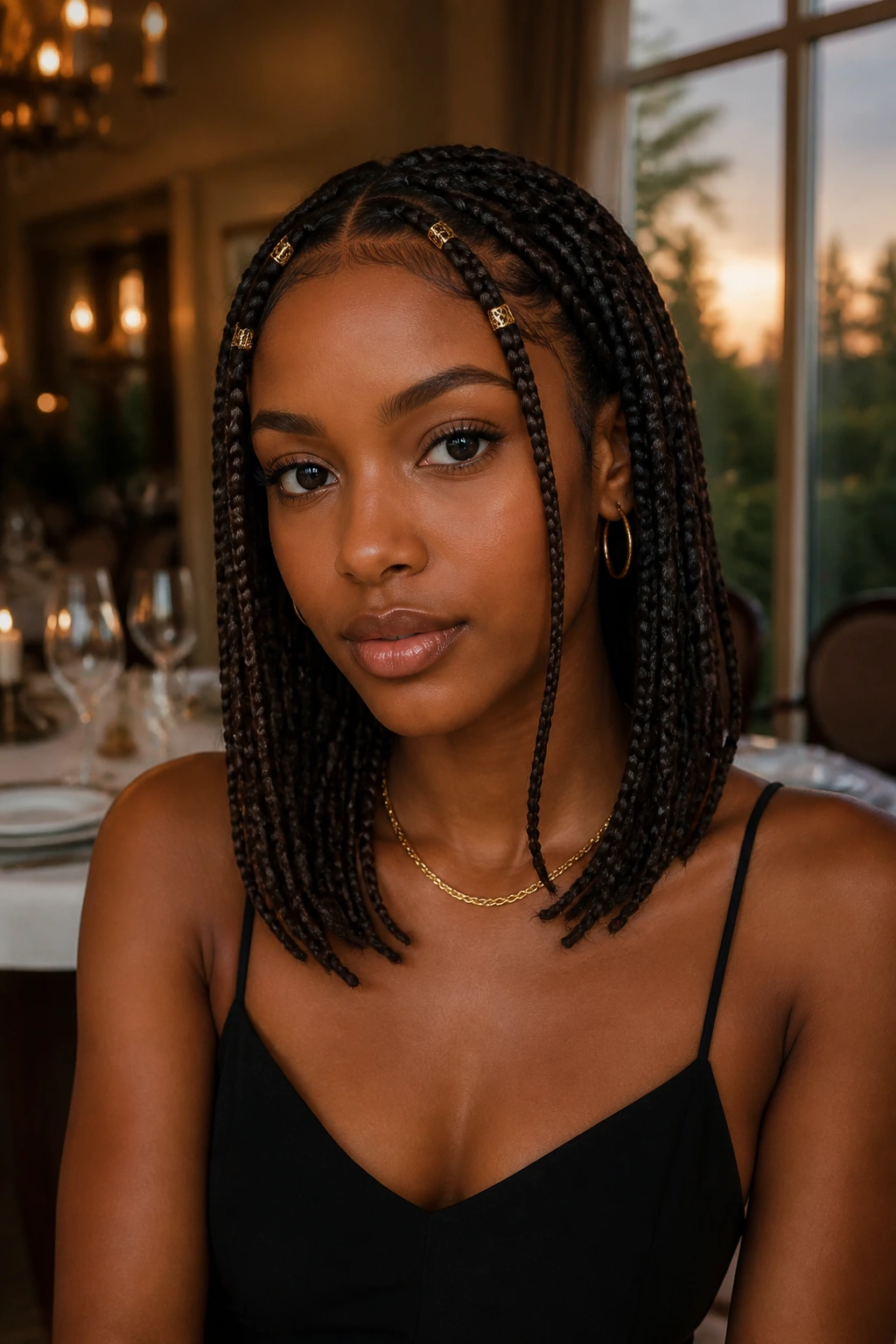 Close-up of a real woman with gold cuffs on braids at the front