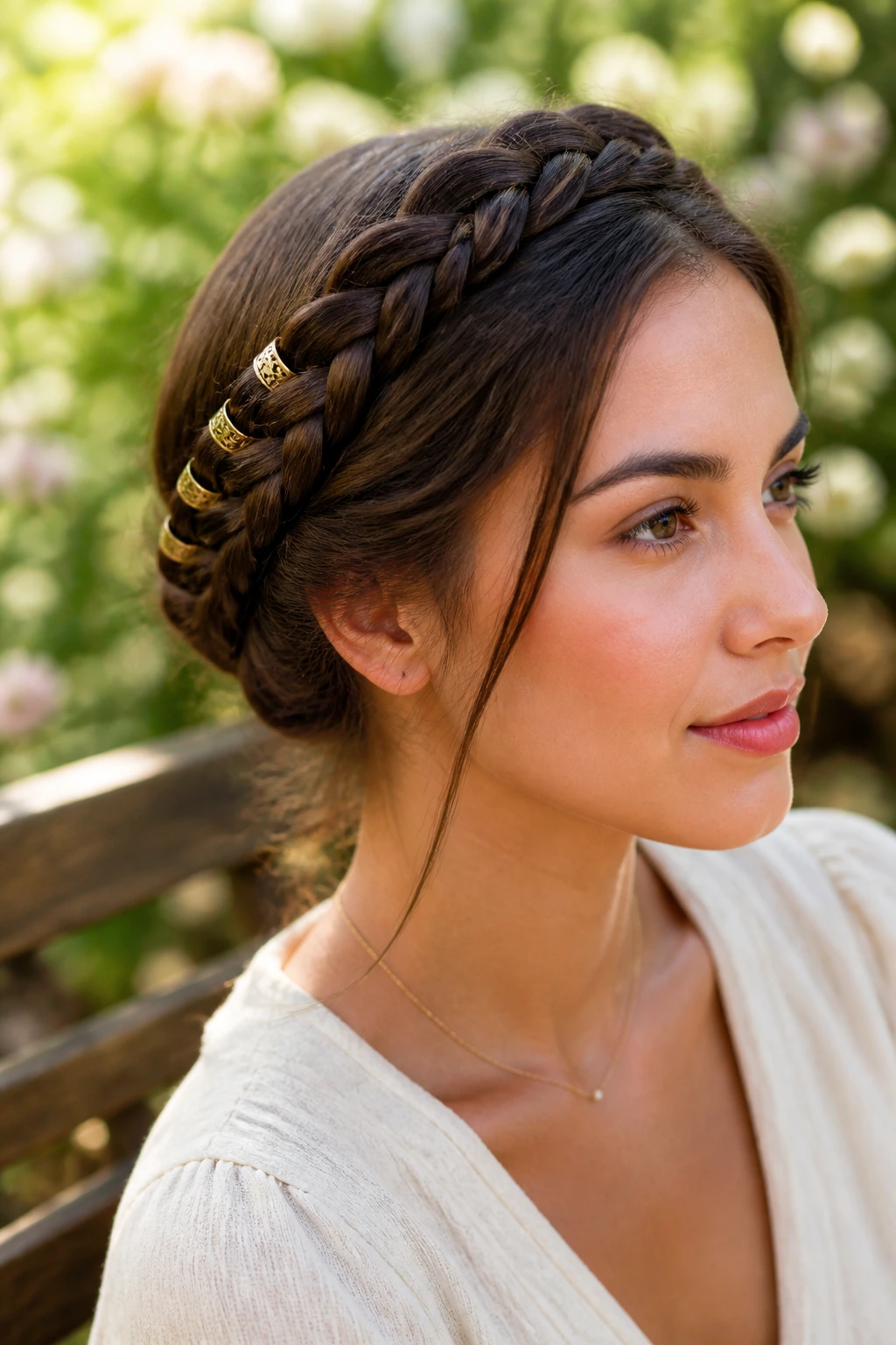 Close-up of a real woman's halo braid with gold cuffs in sunlit outdoor setting