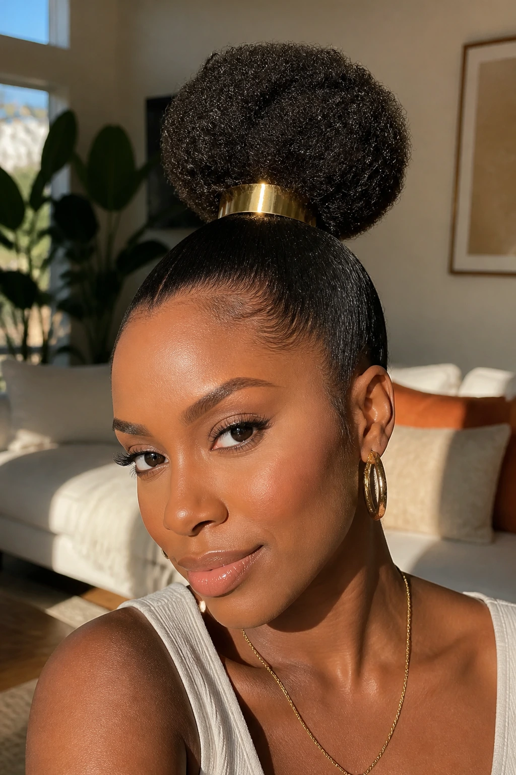 Close-up of Gold-Cuff High Puff hairstyle on a real person
