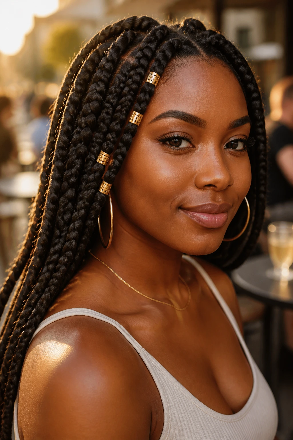 Close-up portrait of a woman with gold-cuff jumbo box braids
