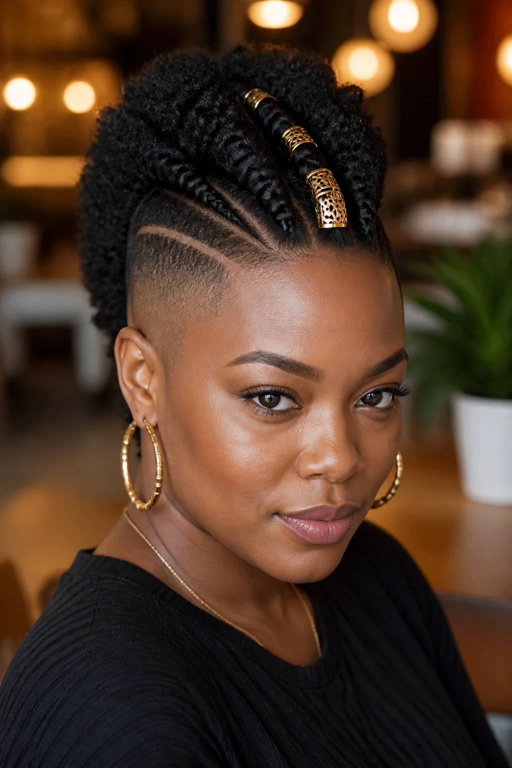 Close-up portrait of a real Black woman wearing a gold-cuff frohawk in a warm cafe