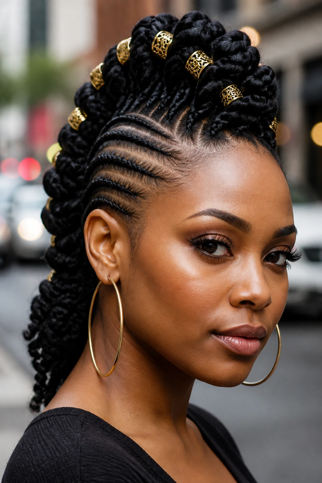 Close-up of a real Black woman with gold-cuff accent mohawk