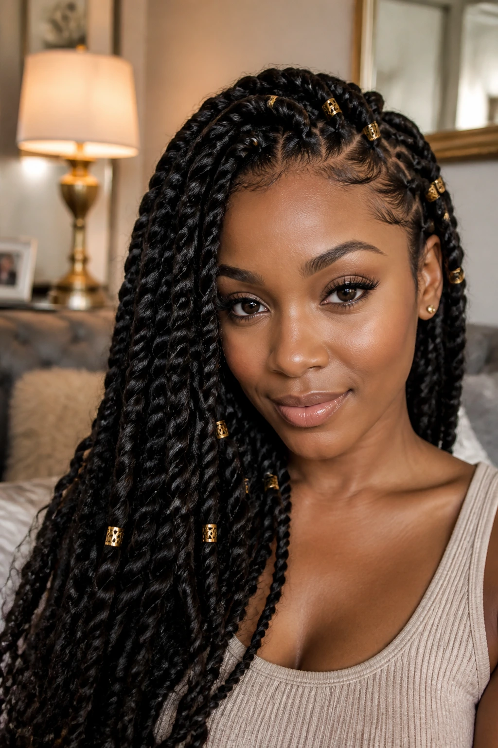 Real woman with gold cuff accents on passion twists near the crown in warm indoor light