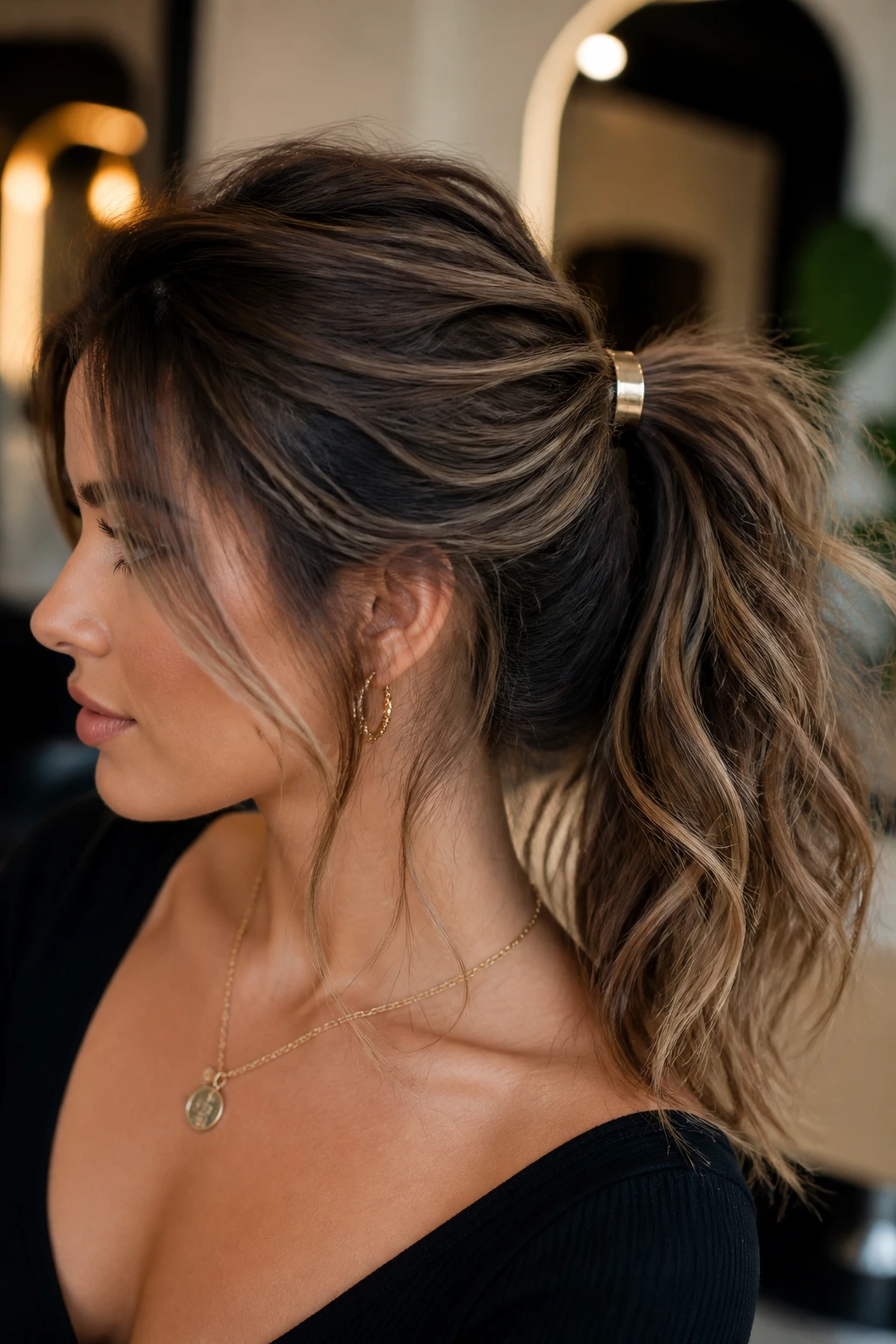 Real woman with gold cuff messy ponytail close-up