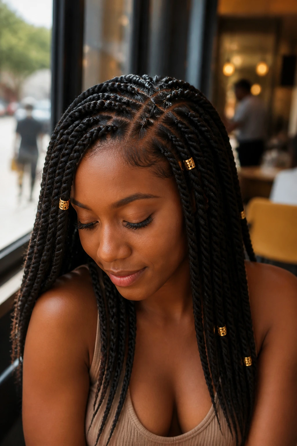 Close-up portrait of a woman with gold-cuff Senegalese twists.