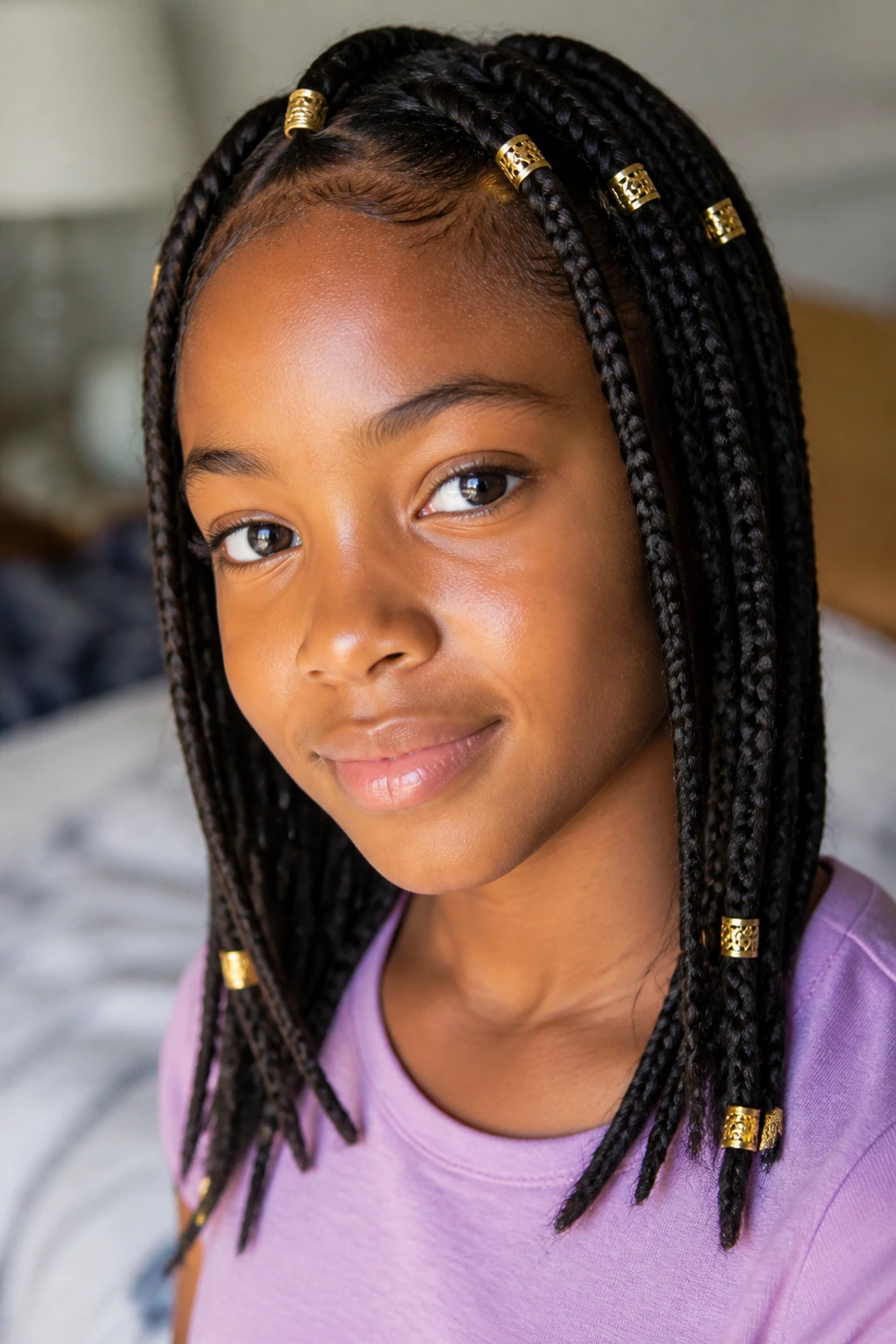 Close-up of a child with box braids accented by gold cuffs in natural light