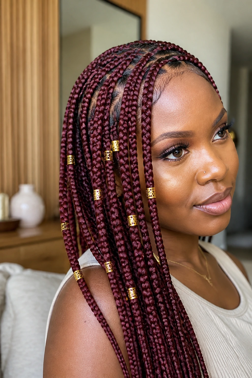 Close-up portrait of a real woman with burgundy knotless braids and gold cuffs