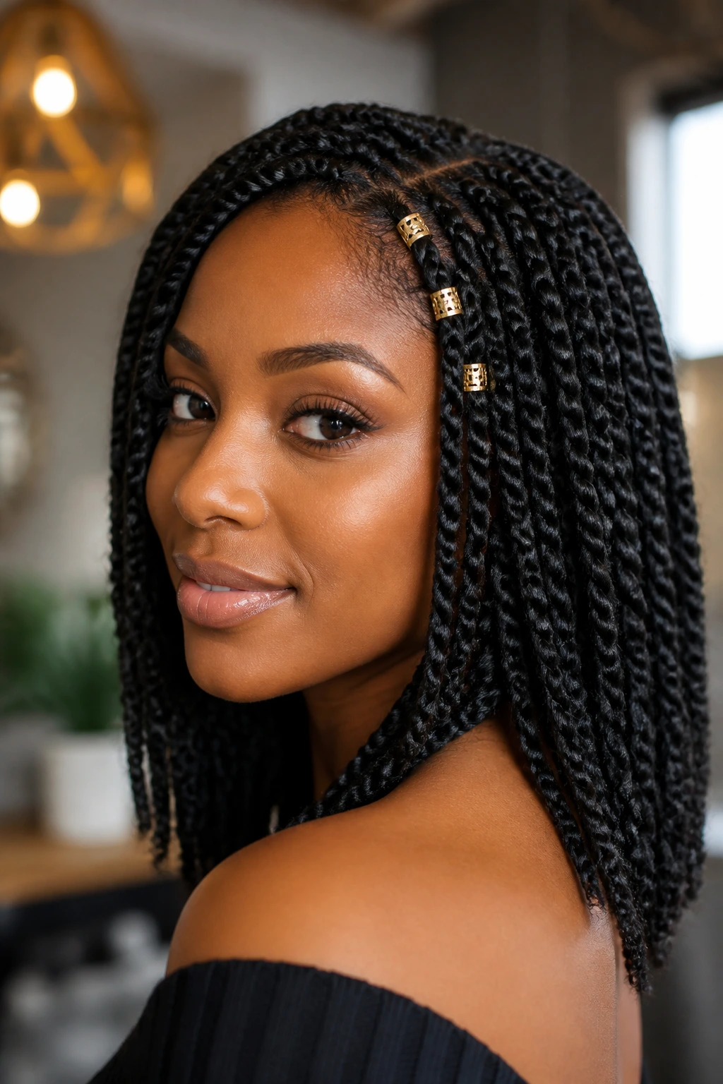 Close-up of a real woman with gold-cuff accessorized Senegalese twists.