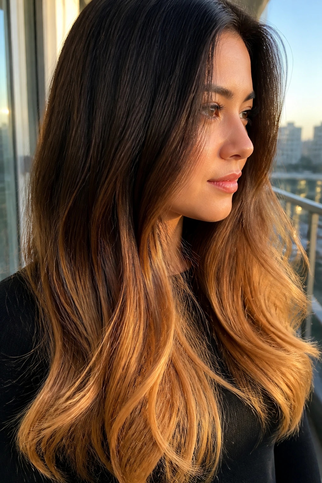 Long hair with gold-dipped bronze ends in sunlight.