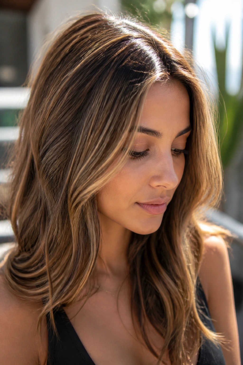 Close-up of real person with fine gold highlights in hair catching sunlight