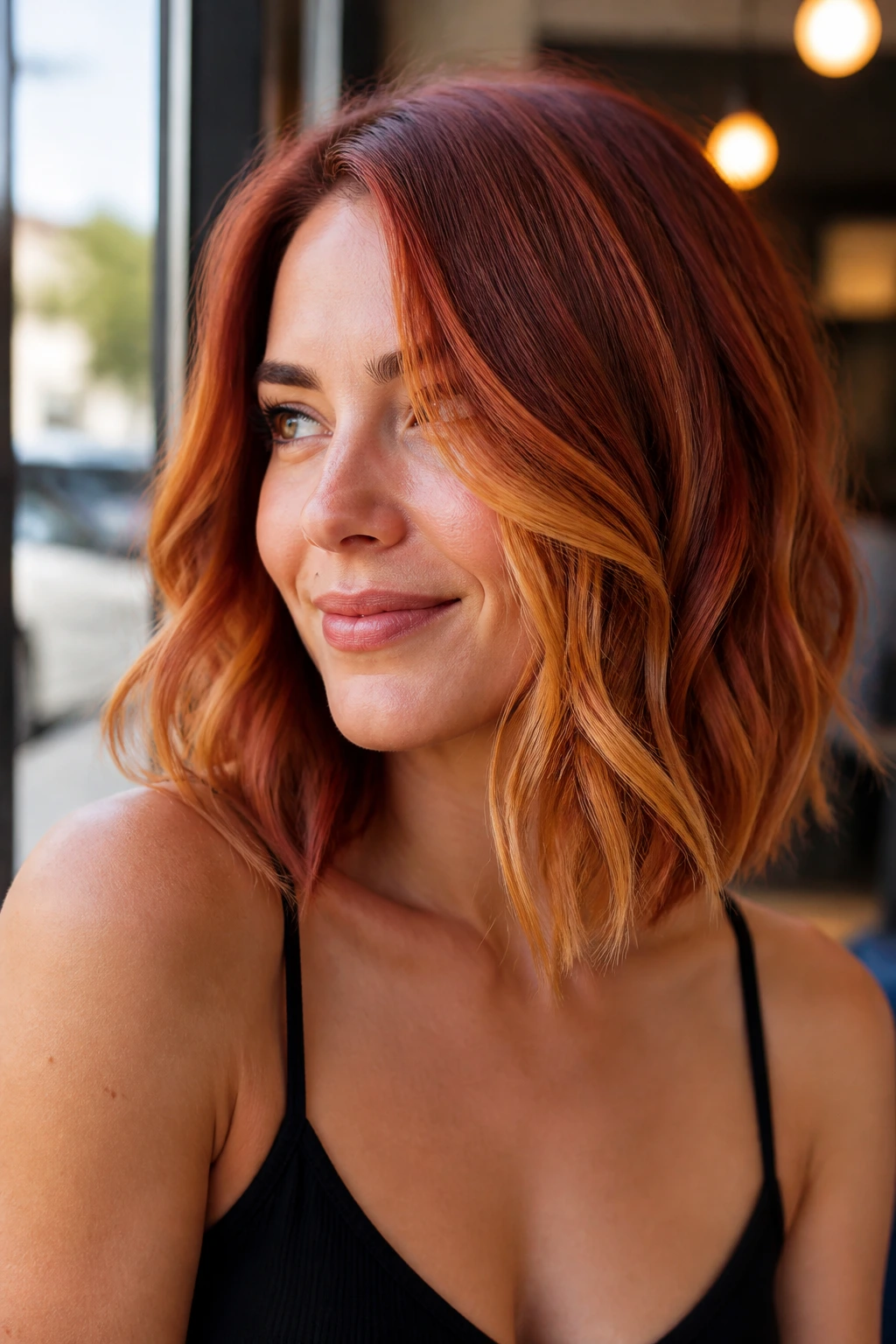 Close-up portrait of a real woman with gold shifted red balayage