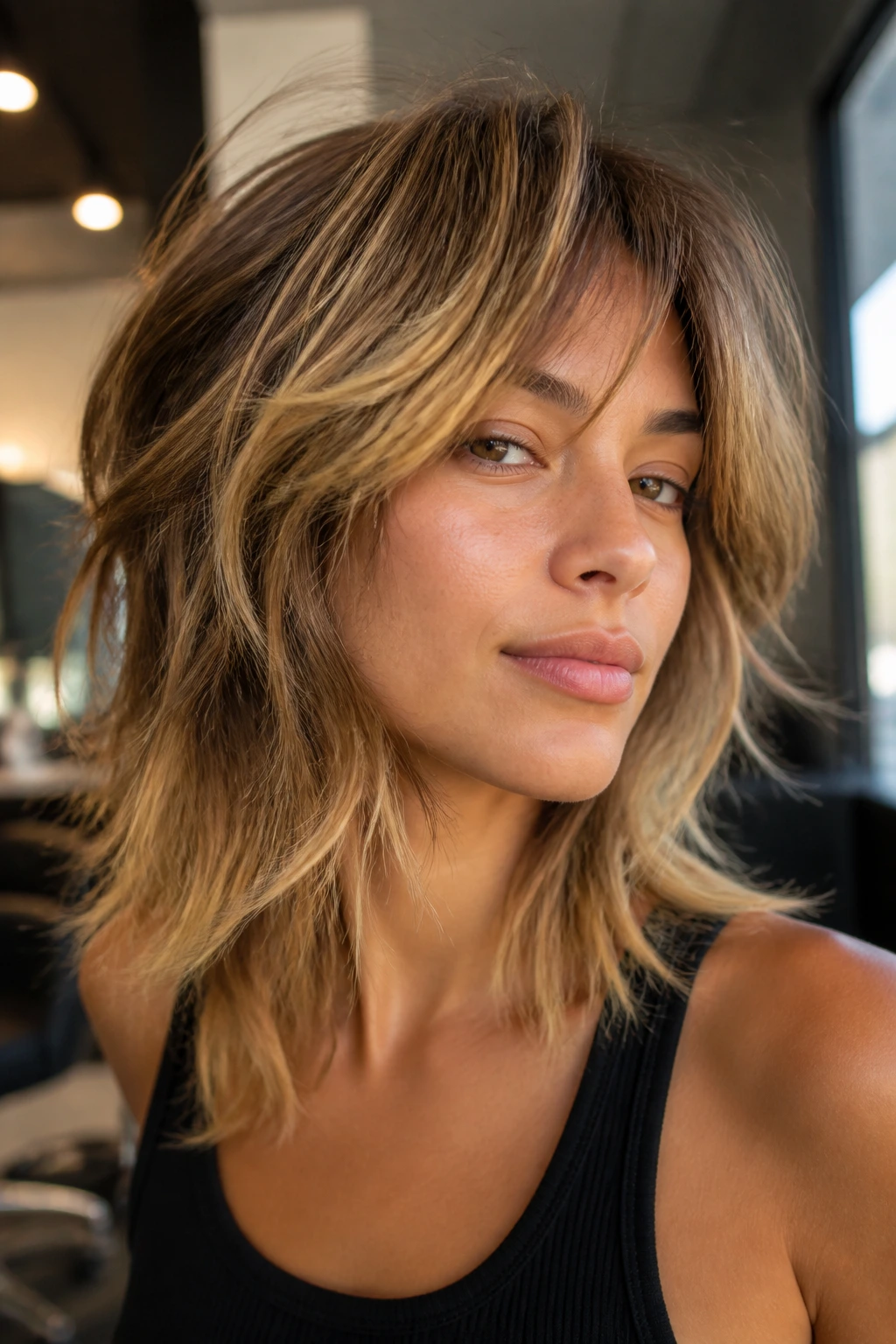 Portrait of a woman with a gold-tipped shag hairstyle