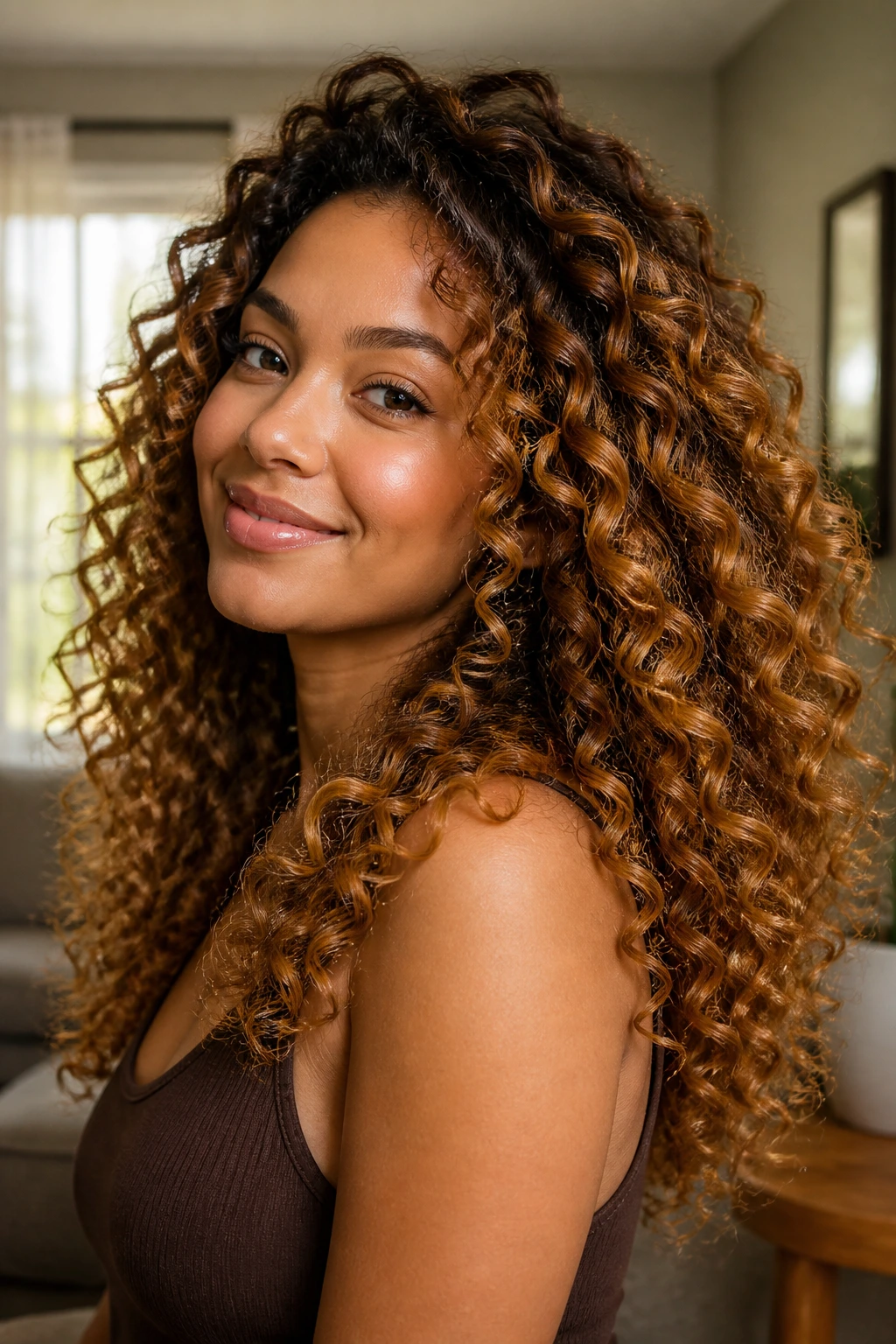 Portrait of a woman with golden amber curls catching light