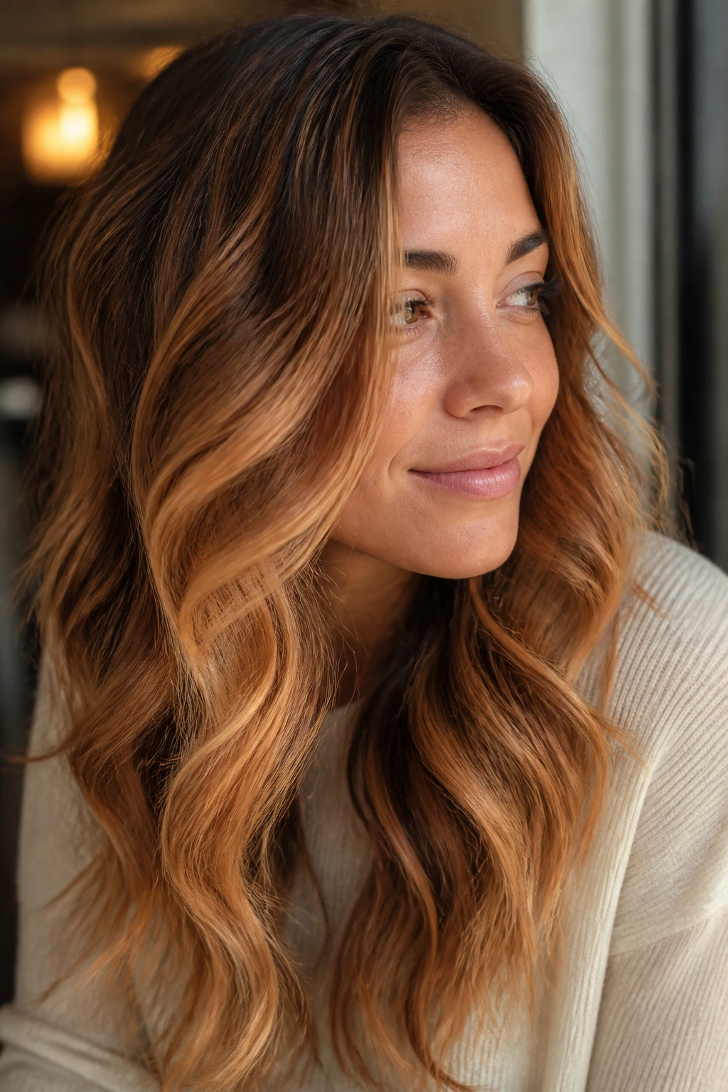 Close-up of a real woman with golden apricot balayage on wavy hair
