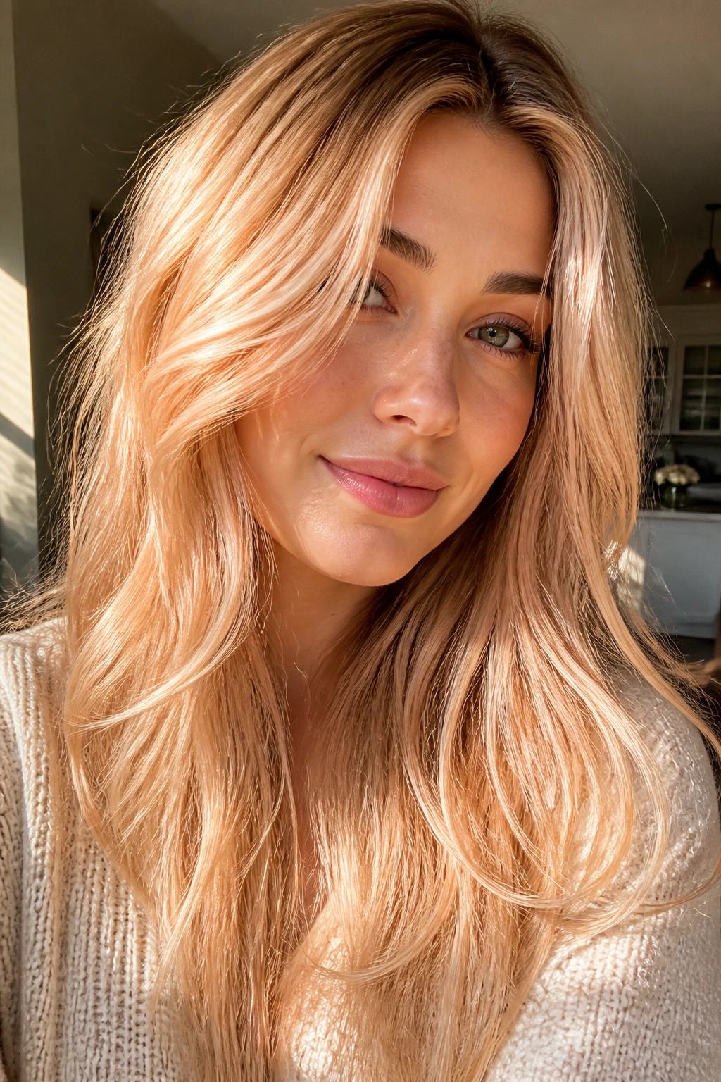 Real person showcasing golden apricot blonde with warm peachy highlights near the face.