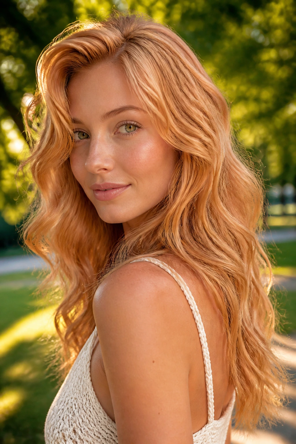 Real woman with golden apricot blonde waves in a sunlit outdoor setting.