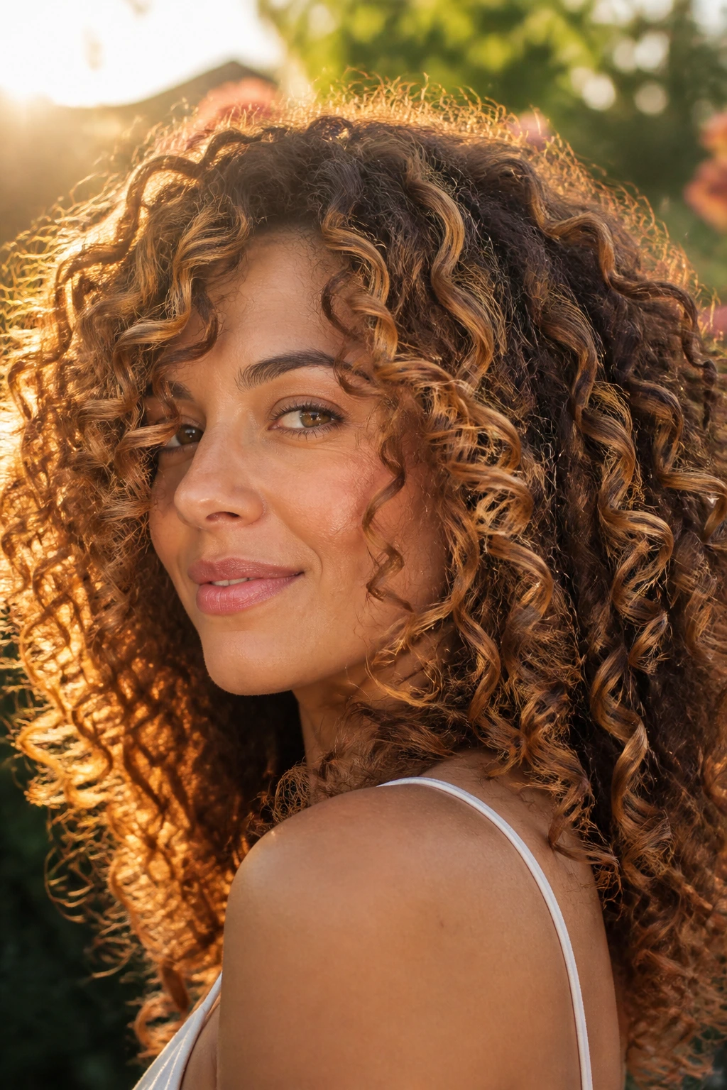 Close-up of a real woman with golden apricot highlights in curly hair