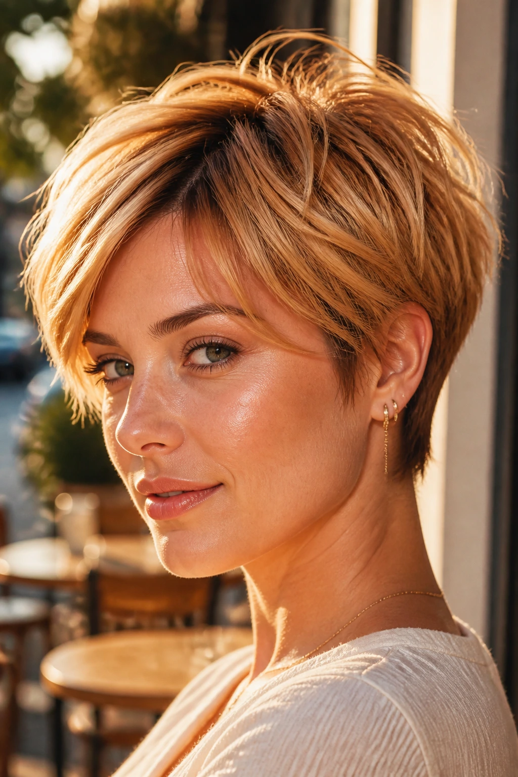 Close-up of a real woman with golden apricot pixie bob under golden hour light