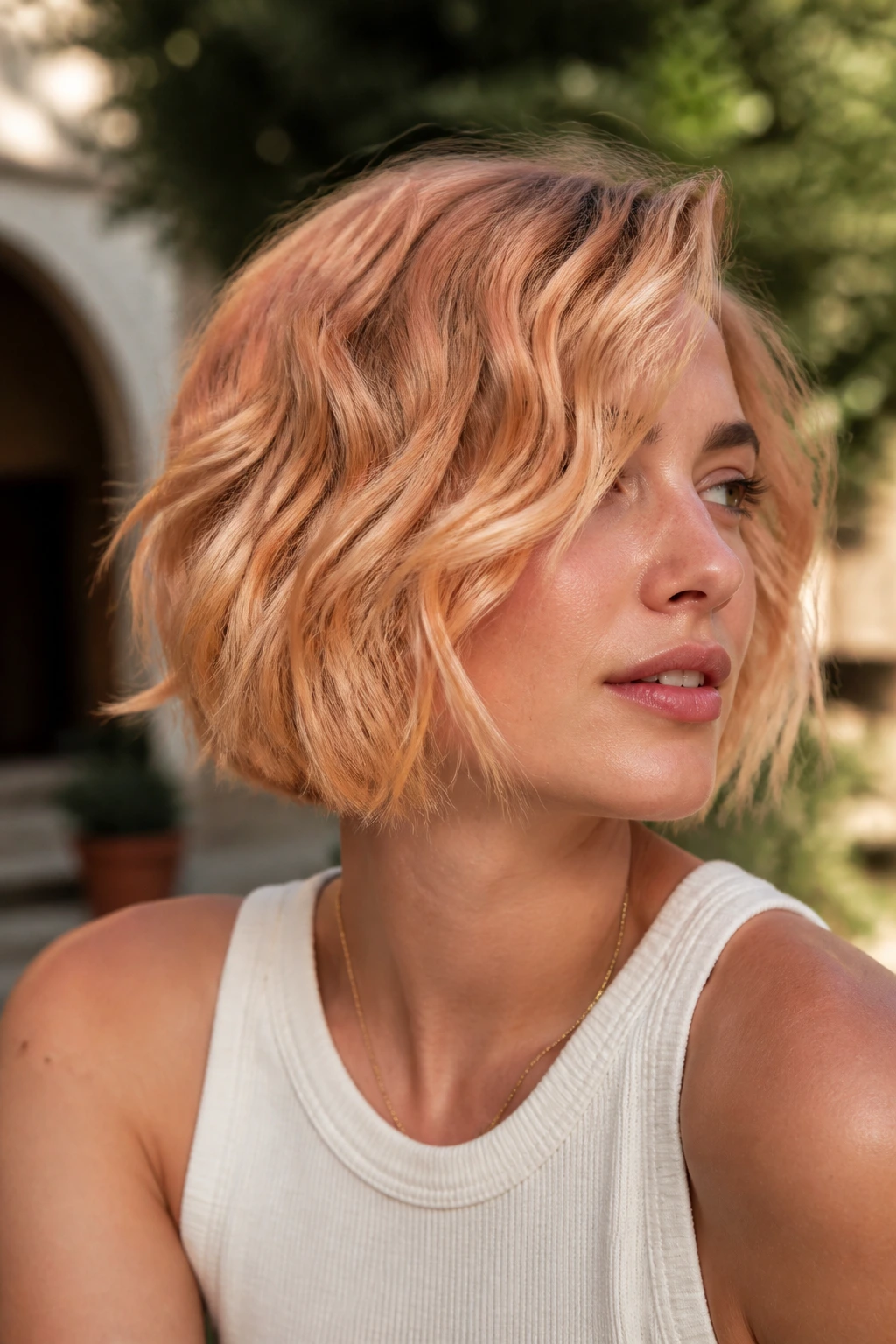 Close-up of a real woman with golden apricot waves in outdoor sunlight