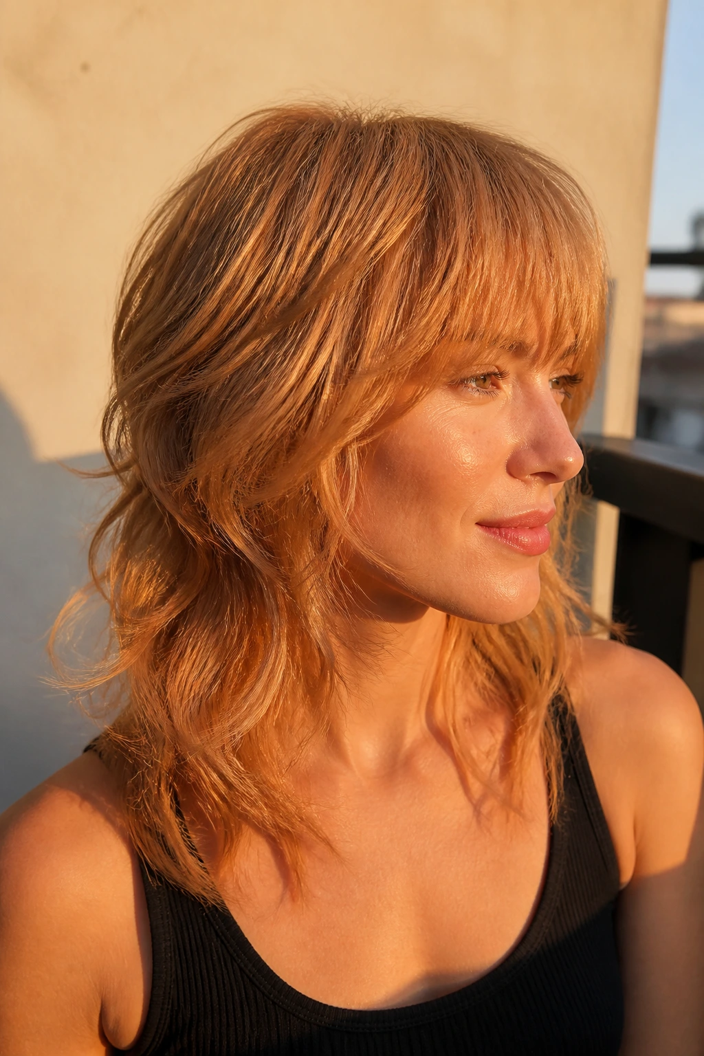 Close-up of a real person with golden apricot wolf cut