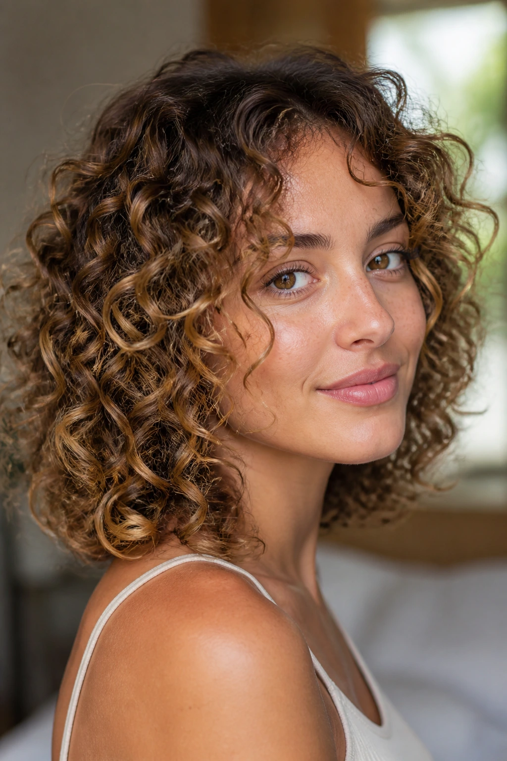 Close-up of shoulder-length spiral curls with golden babylights