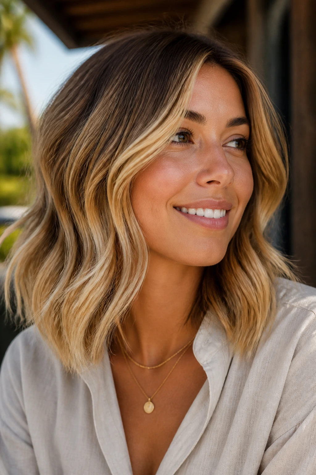 Close-up of a real woman with wavy lob and golden balayage highlights